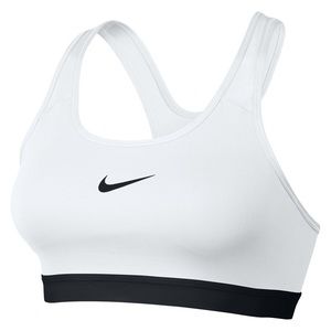 White Nike sports bra with black swoosh